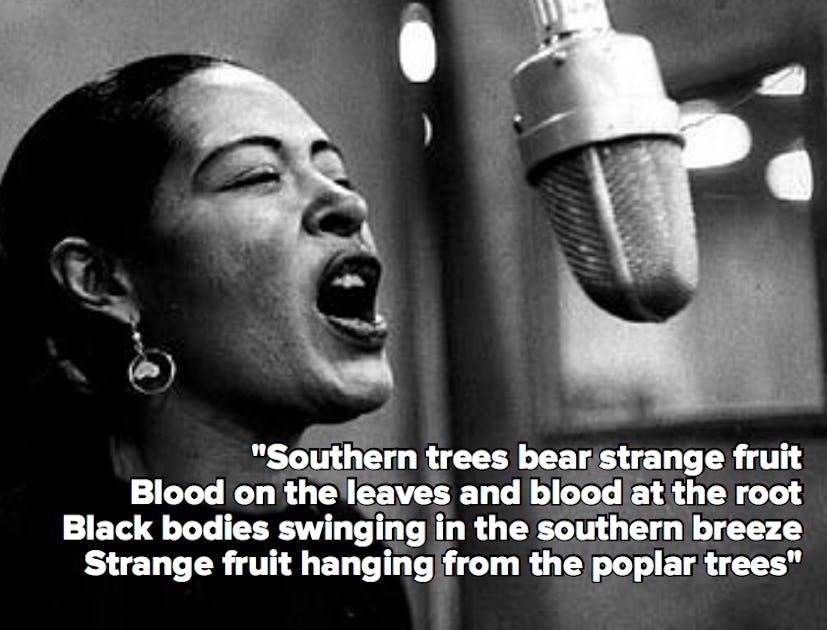 Billie Holiday singing in a studio with the lyrics to "Strange Fruit"