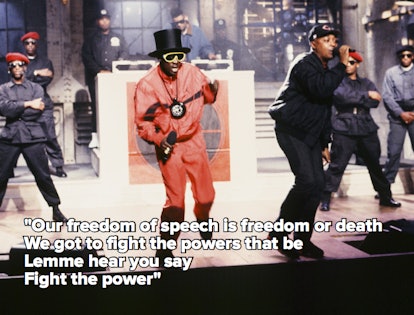 Public Enemy performing on stage, with the lyrics to "Fight the Power"