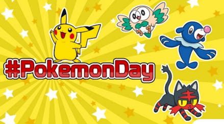 #PokemonDay on a yellow background with various Pokémon around 