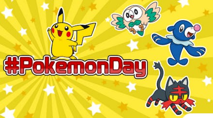 #PokemonDay on a yellow background with various Pokémon around