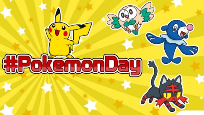 #PokemonDay on a yellow background with various Pokémon around 