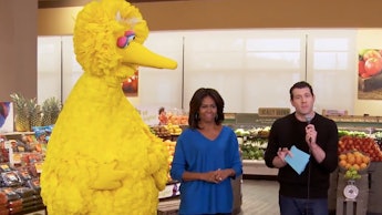A scene with Big Bird, Michelle Obama, and Billy Eichner in a supermarket