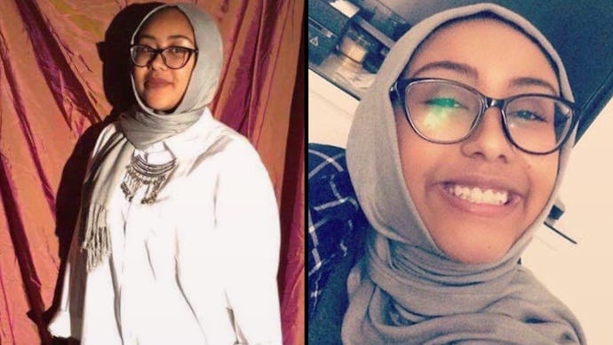 Two photos of Nabra Hassanen wearing white abaya and a grey scarf, smiling
