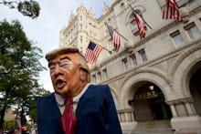 Donald Trump caricature sculpture in front of the Waldorf Astoria Washington DC hotel