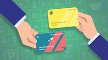 An illustration of two hands holding debit card in yellow and red-green