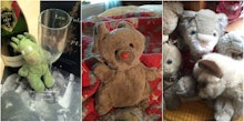 A collage of three photos of worn-out stuffed animals