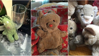 A collage of three photos of worn-out stuffed animals