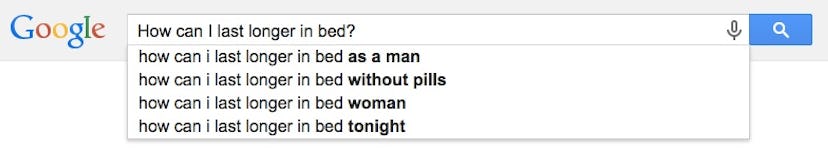 A question 'How can I last longer in bed?' entered in the Google Search