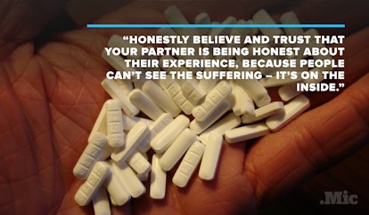 A handful of antidepressant pills with a quoted advice