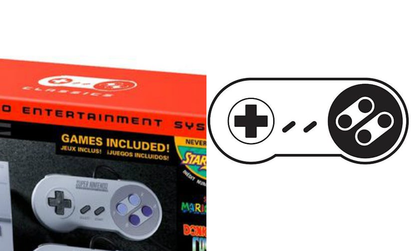 A two-part collage of a packing and an illustration of the SNES controller