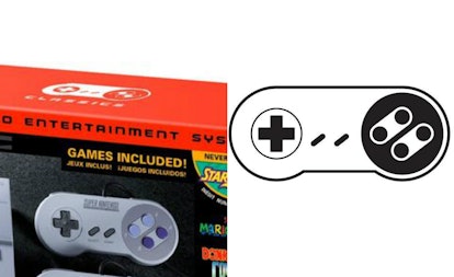 A two-part collage of a packing and an illustration of the SNES controller