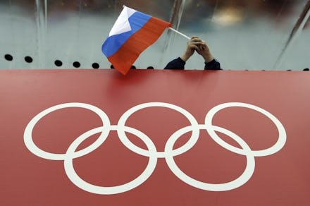 A fan waving a Russian flag at he 2016 Rio Olympics