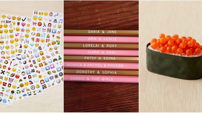 Emoji Sticker Sheet Set, TV BFFs Pencils, and an orange Maki Tack Set