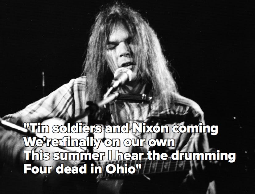 A black and white photo of Young with the lyrics to "Ohio"