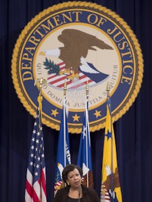 Former attorney general, Loretta Lynch, giving a speech at the Department of Justice