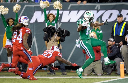 Jets vs. Bills playing in green and red jersies
