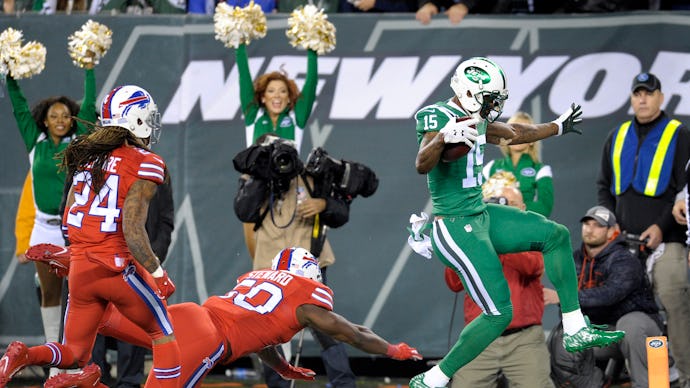 Jets vs. Bills playing in green and red jersies