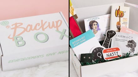 A two-part collage of a closed and an opened Backup Box