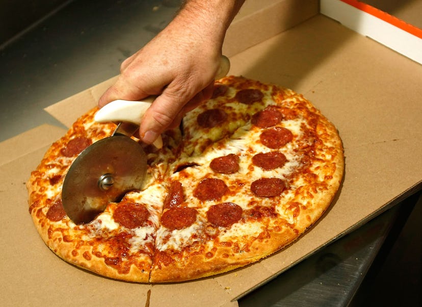 A pizza cut into 8 slices