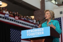 Hillary Clinton in a blue suit giving her Reno speech