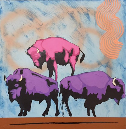 A painting by Frank Buffalo Hyde of two purple buffalos carrying a pink one on their back
