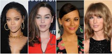 A four-part collage with Rihanna, Emilia Clarke, Rashida Jones, and Taylor Swift