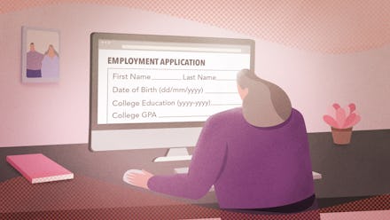An illustration of an older worker with an open Employment Application on her computer