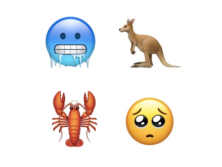 Frozen face, kangaroo, lobster and sad emoji