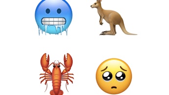 Frozen face, kangaroo, lobster and sad emoji