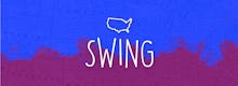 The words swing in front of a tie dye blue and purple background