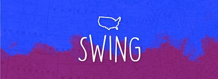 The words swing in front of a tie dye blue and purple background