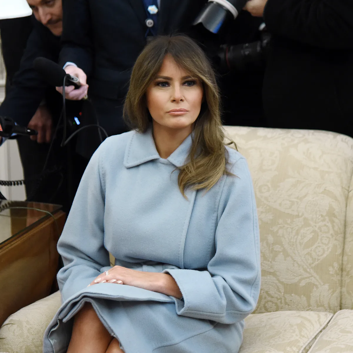 melania blue dress Trump debuts sky Ralph Lauren Inaugural outfit...and an updo! this sophisticated tulle ball gown is a the star of any show See every outfit Melania Trump