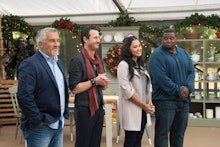 Paul Hollywood, Johnny Iuzzini standing in front of contestants during The Great American Baking Sho...