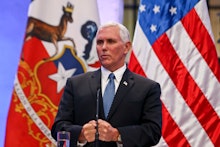 Vice President Mike Pence, giving a speech in front of the flag of the U.S.A
