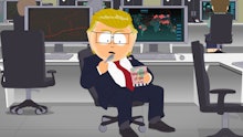 President garrison as a stand in for donald trump sits in a chair and eats ice cream on south park