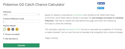 Use this Pokemon Go catch chance calculator to see if you'll catch