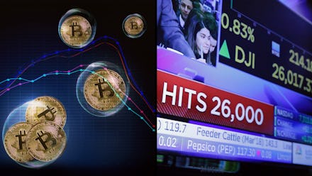 Collage of Bitcoin’s coins and price increase news on TV