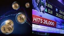 Collage of Bitcoin’s coins and price increase news on TV