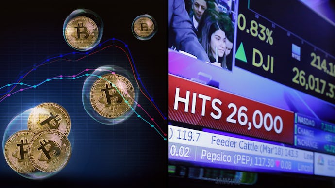 Collage of Bitcoin’s coins and price increase news on TV
