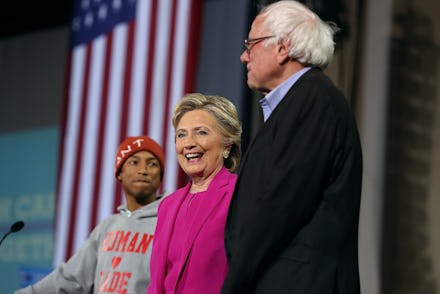 Hillary Clinton, Bernie Sanders and Pharrell at the event in Raleigh, North Carolina