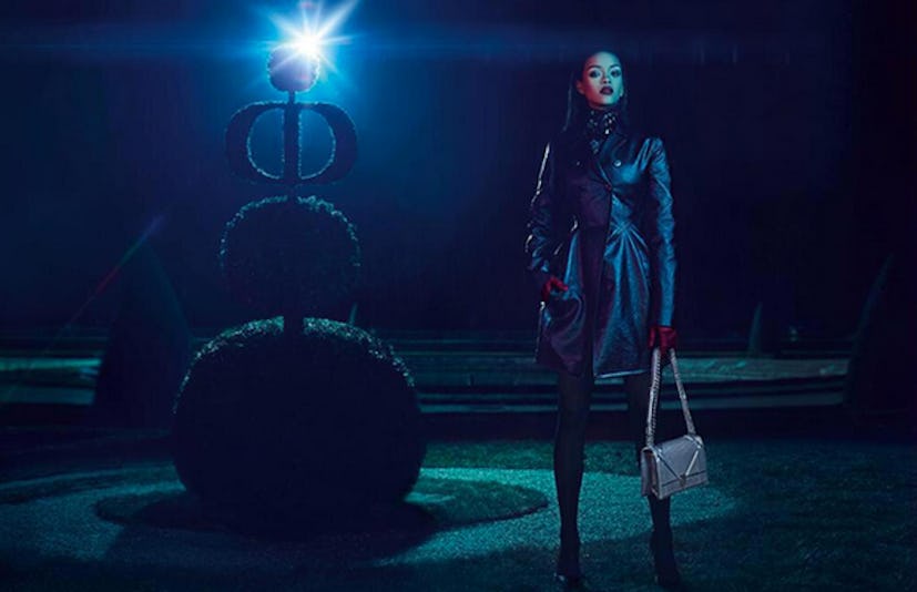 Rihanna's Latest Fashion Ad standing in a leather outfit holding a dior bag next to a bush shaped in...