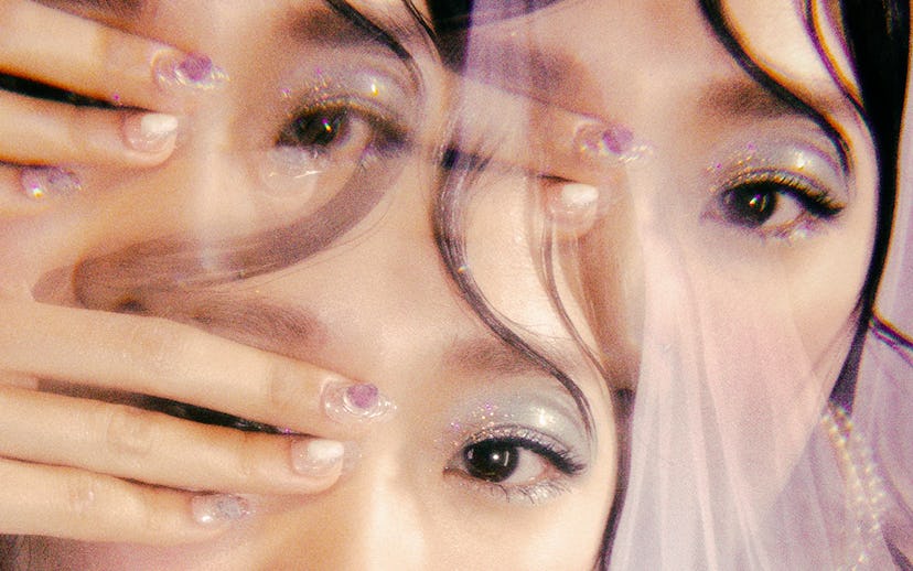 Irish musician Katie Kim's face with her hand in front of one eyes; three images overlapping with a ...