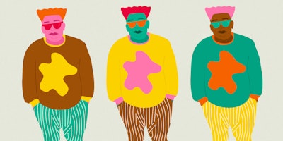 Painted illustration of a man and plus-size menswear.