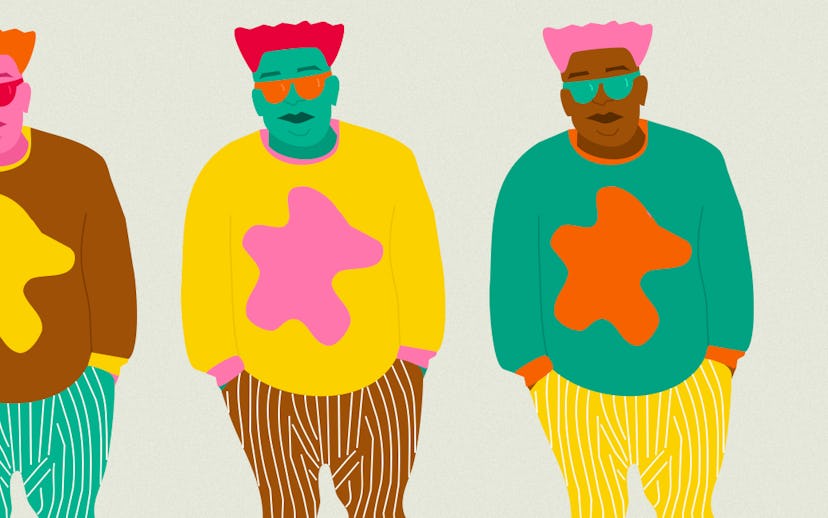 Painted illustration of a men wearing plus-size menswear