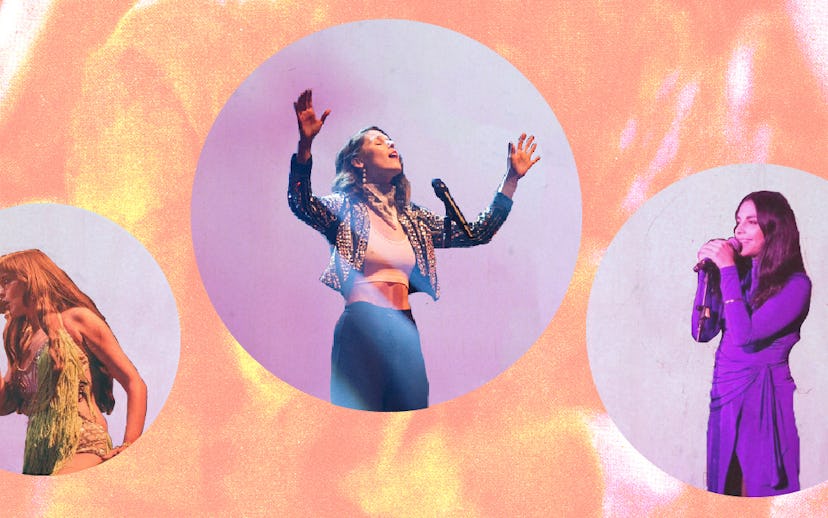 Three Latina Singers performing live in front of a multicolored background