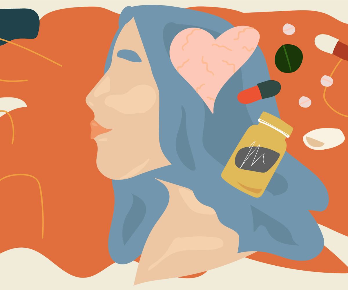 Graphic presentation of a woman's head and medications/pills around her ear representing headache.