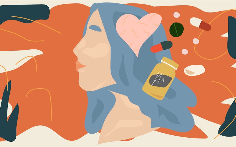 Graphic presentation of a woman's head and medications/pills around her ear representing headache.