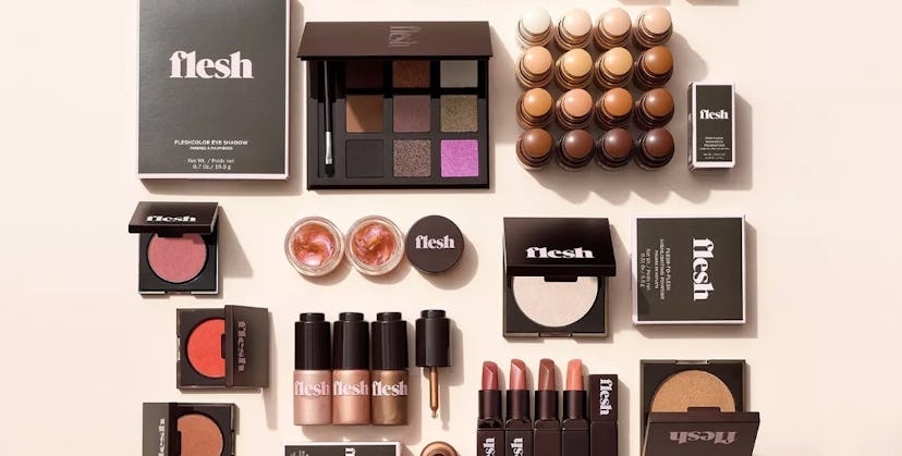 Beauty products from Flesh Beauty including eyeshadow, lipstick, foundation and glisten drops 