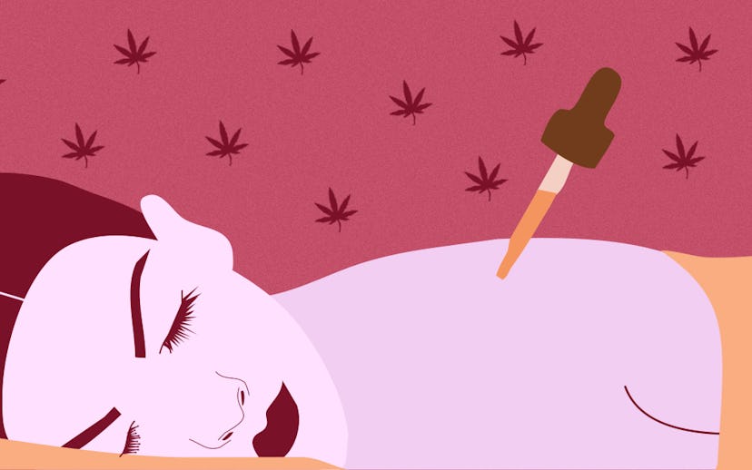 An illustration of a woman lying on her back with a CBD oil dispenser above her with a pale pink bac...