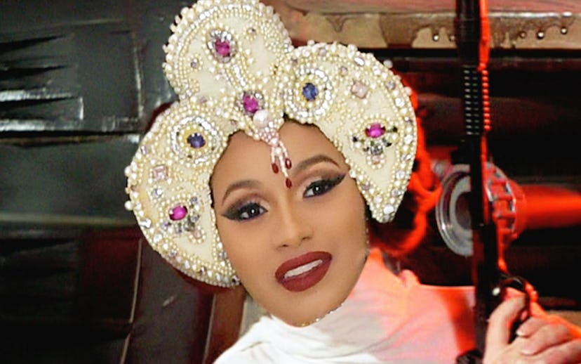 Cardi B with strong make-up and a bedazzled crown, photoshopped on princess Leia's body from Star Wa...